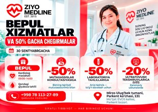 BEPUL XIZMATLAR VA 50% GACHA CHEGIRMALAR — ZIYO MEDLINE CLINIC’DA AKSIYA