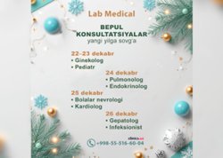 YANGI YILGA SOVGʻA — LAB MEDICAL klinikasida SHIFOKORLARNING BEPUL KONSULTATSIYALARI! YANGI YILGA SOVGʻA — LAB MEDICAL klinikasida SHIFOKORLARNING BEPUL KONSULTATSIYALARI!